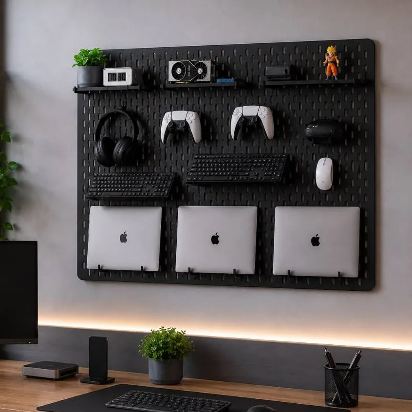 Pegboard de MDF preto para organização de setup