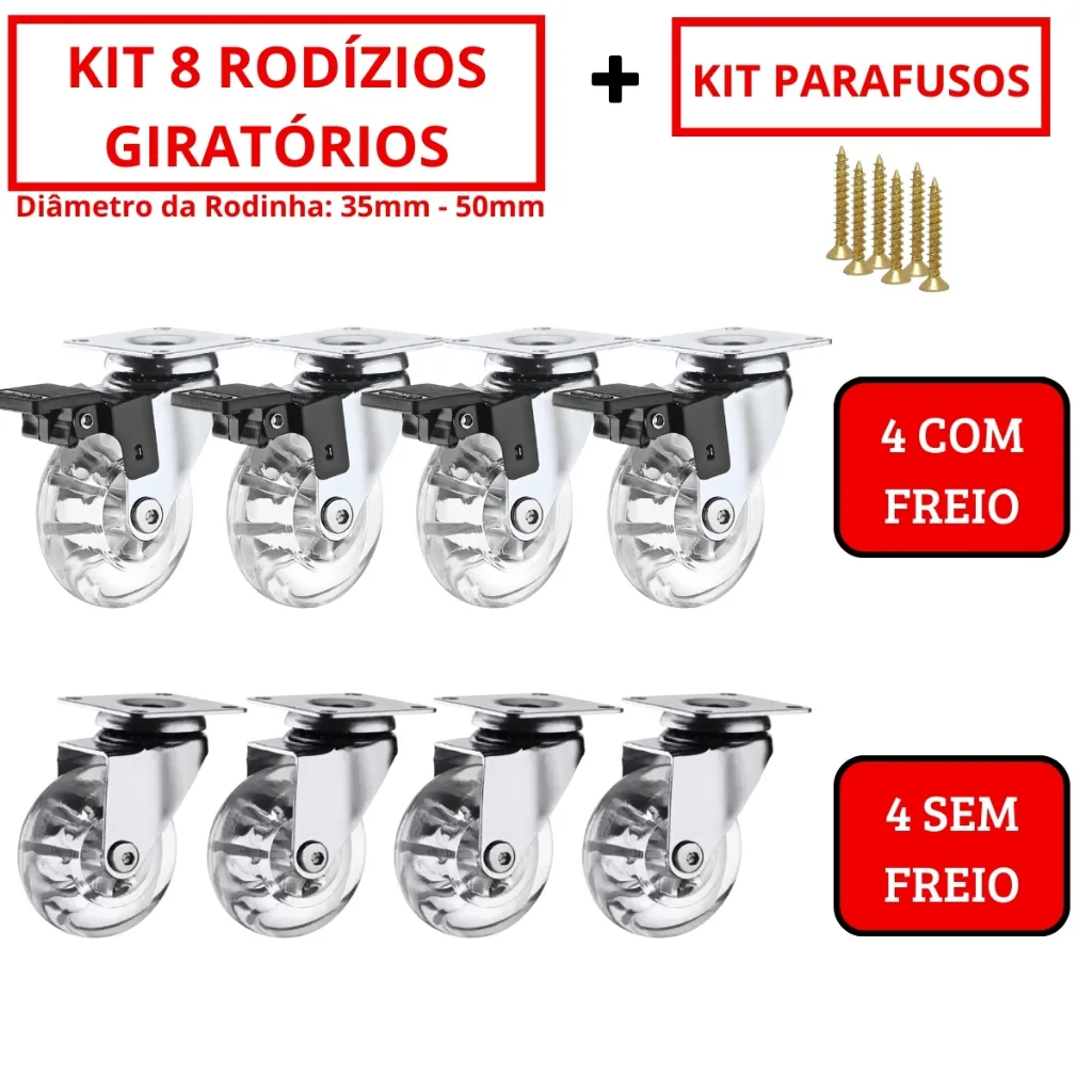 Kit com 8 rodízios giratórios de silicone