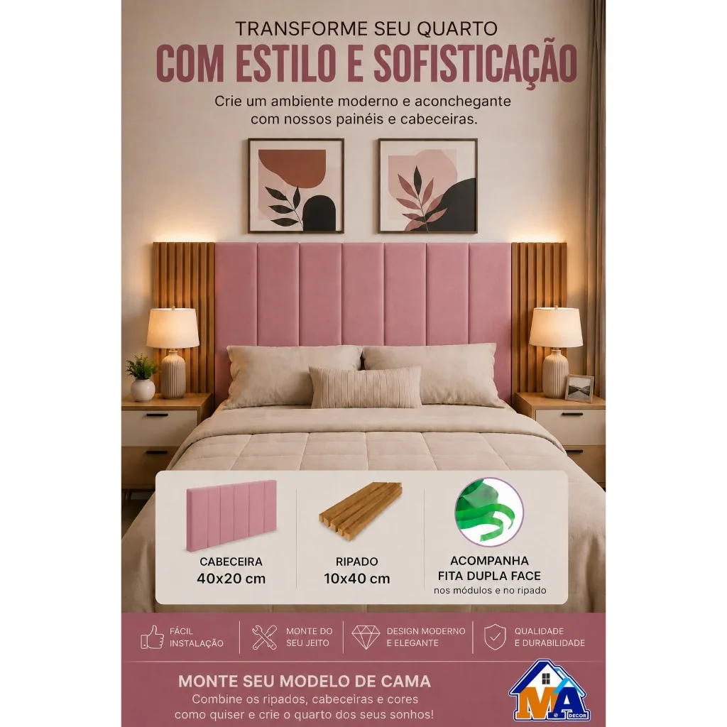 Cabeceira modular com painel ripado em MDF