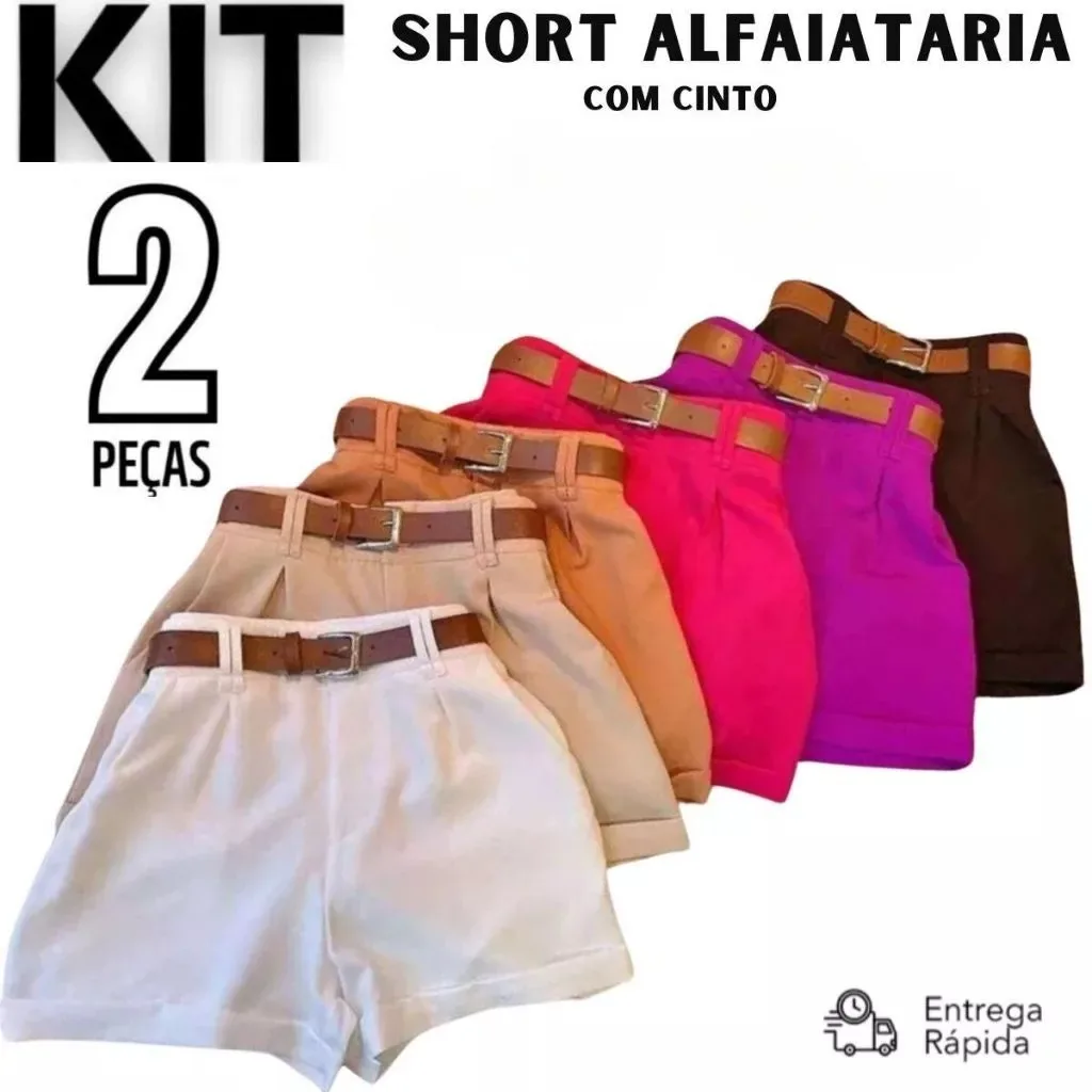Kit 2 Short Feminino Alfaiataria Social com dois Cinto Cintura Alta