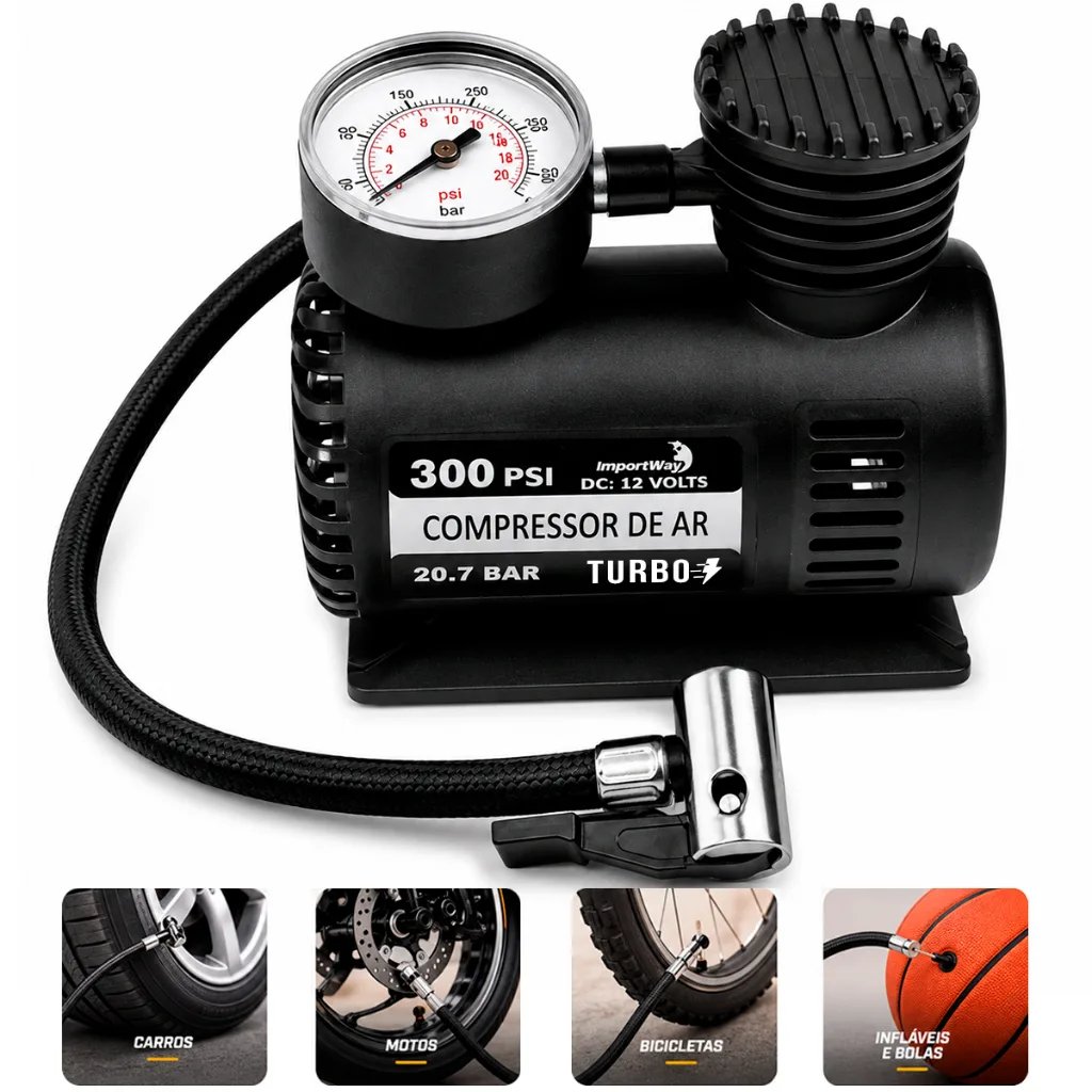 Mini Compressor de Ar Automotivo Turbo 12V 300 PSI