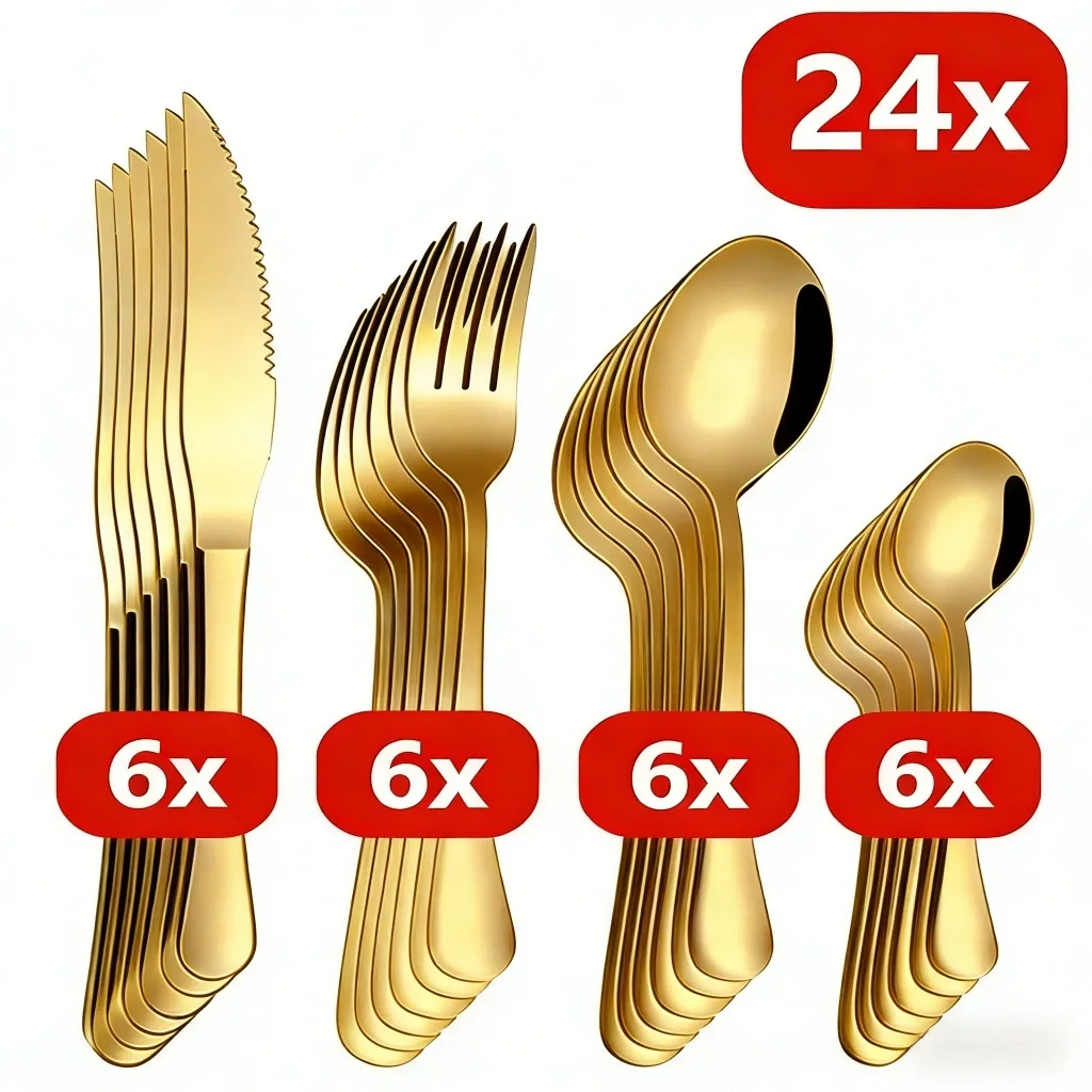 24 Pcs Louça de Aço Inoxidável Colher de Sobremesa Dourada / Luxuoso