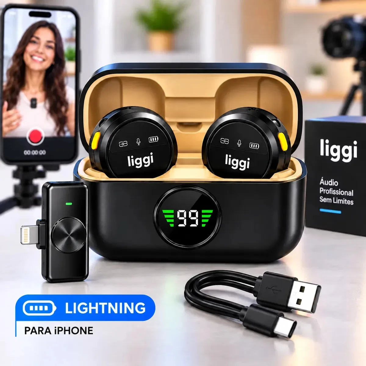 Microfone de lapela sem fio duplo para iPhone