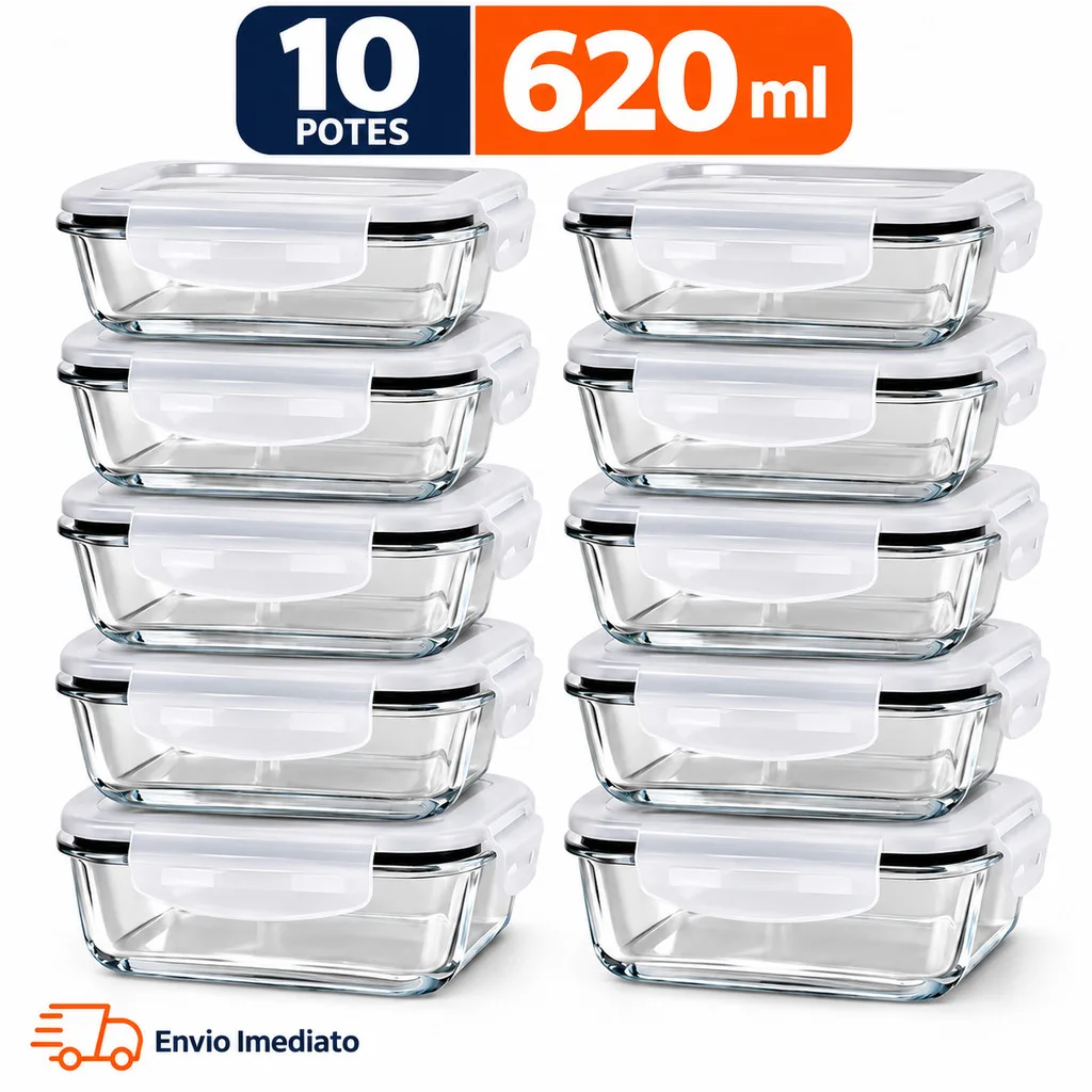 Kit 5 ou 10 Potes de Vidro Herméticos 620ml Tampa 4 Travas Marmita