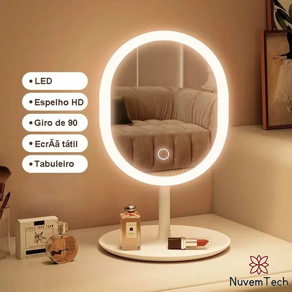 Espelho de maquiagem com luz LED e ajuste touch