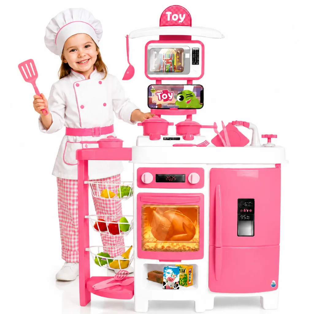 Cozinha infantil de brinquedo com geladeira rosa
