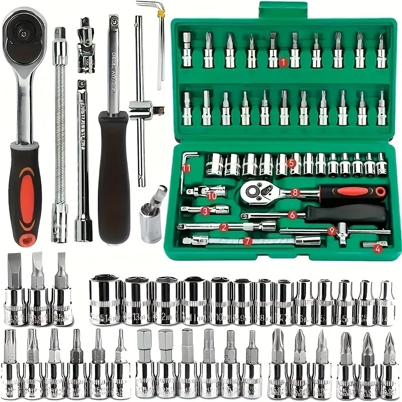 46 Peças Verde Kit Chaves Jogo Catraca Reversível Soquetes Maleta