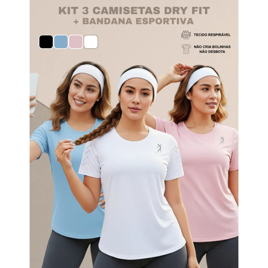 Kit com 3 camisetas femininas esportivas