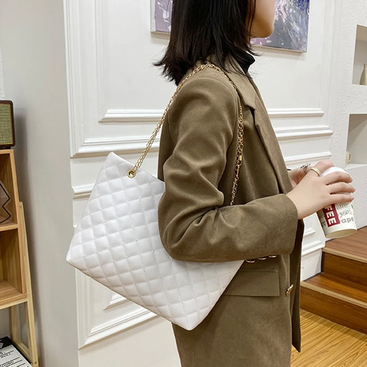 Bolsa tote feminina de couro PU com design de diamante