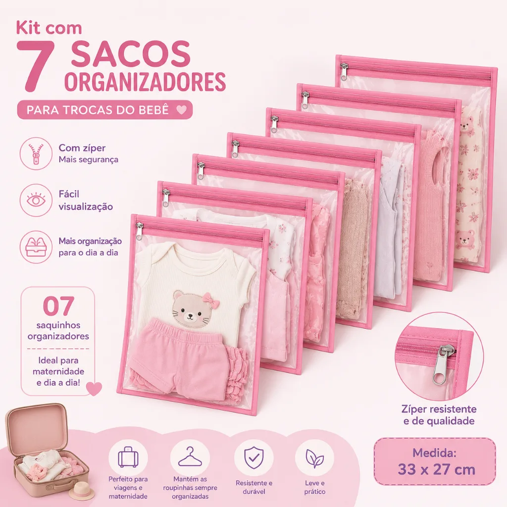 Kit 7 Saquinhos Maternidade Organizador Mala Bebê 27 x 33