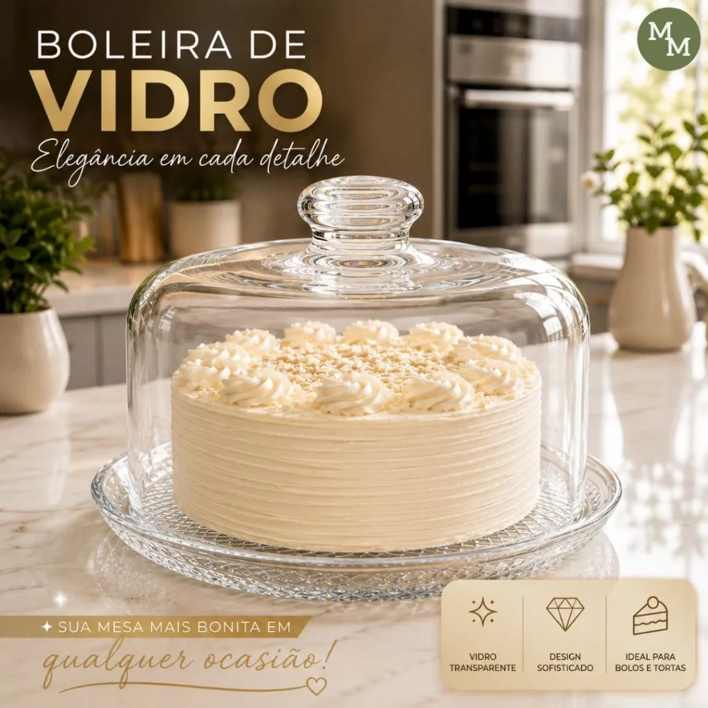 Boleira de vidro redonda com tampa transparente