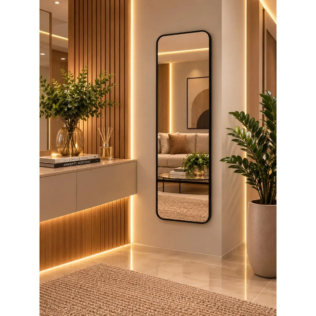 Espelho Retangular com Moldura em Couro Decorativo para Hall Closet Quarto