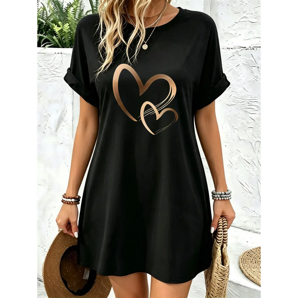 Vestido feminino oversized com estampa de coração