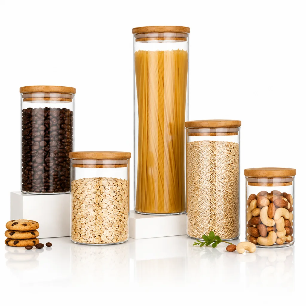 Kit 5 Potes Mantimentos Vidro Herméticos Com Tampa Bambu Alta Resistência Epsilon Transparente