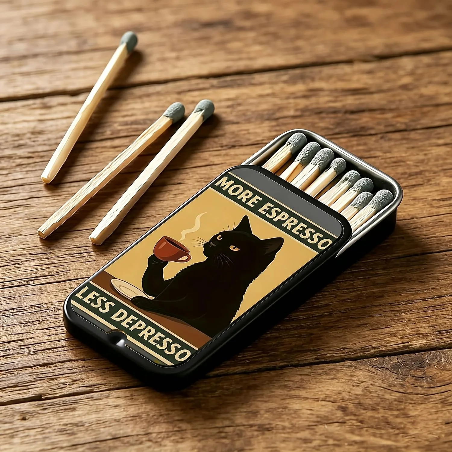 Caixa de fósforos metálica com tema de gato