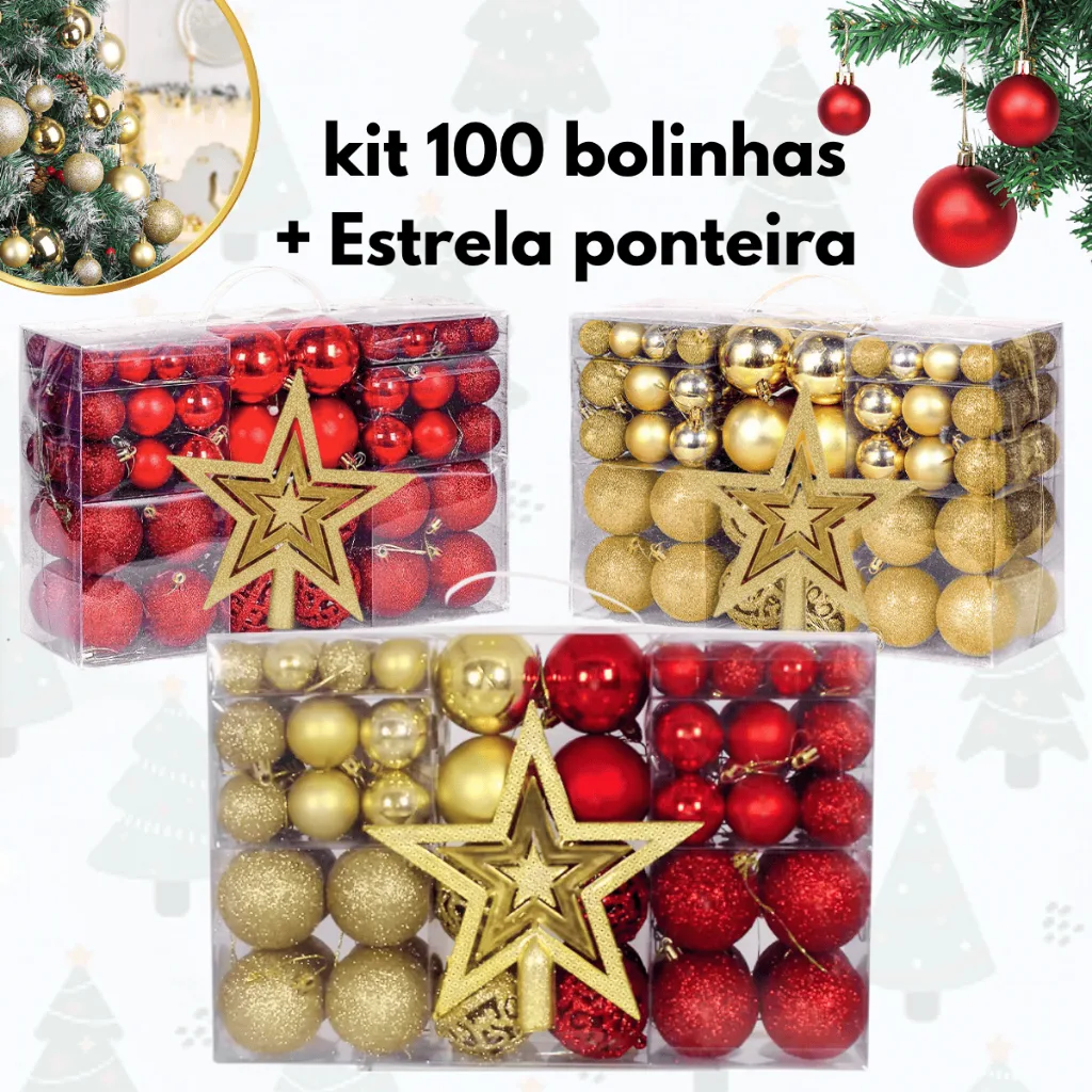 Kit com 100 bolas de Natal e ponteira