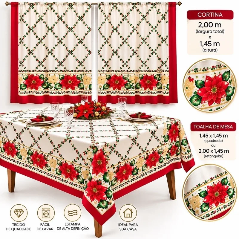 Conjunto natalino com toalha de mesa de 2 metros