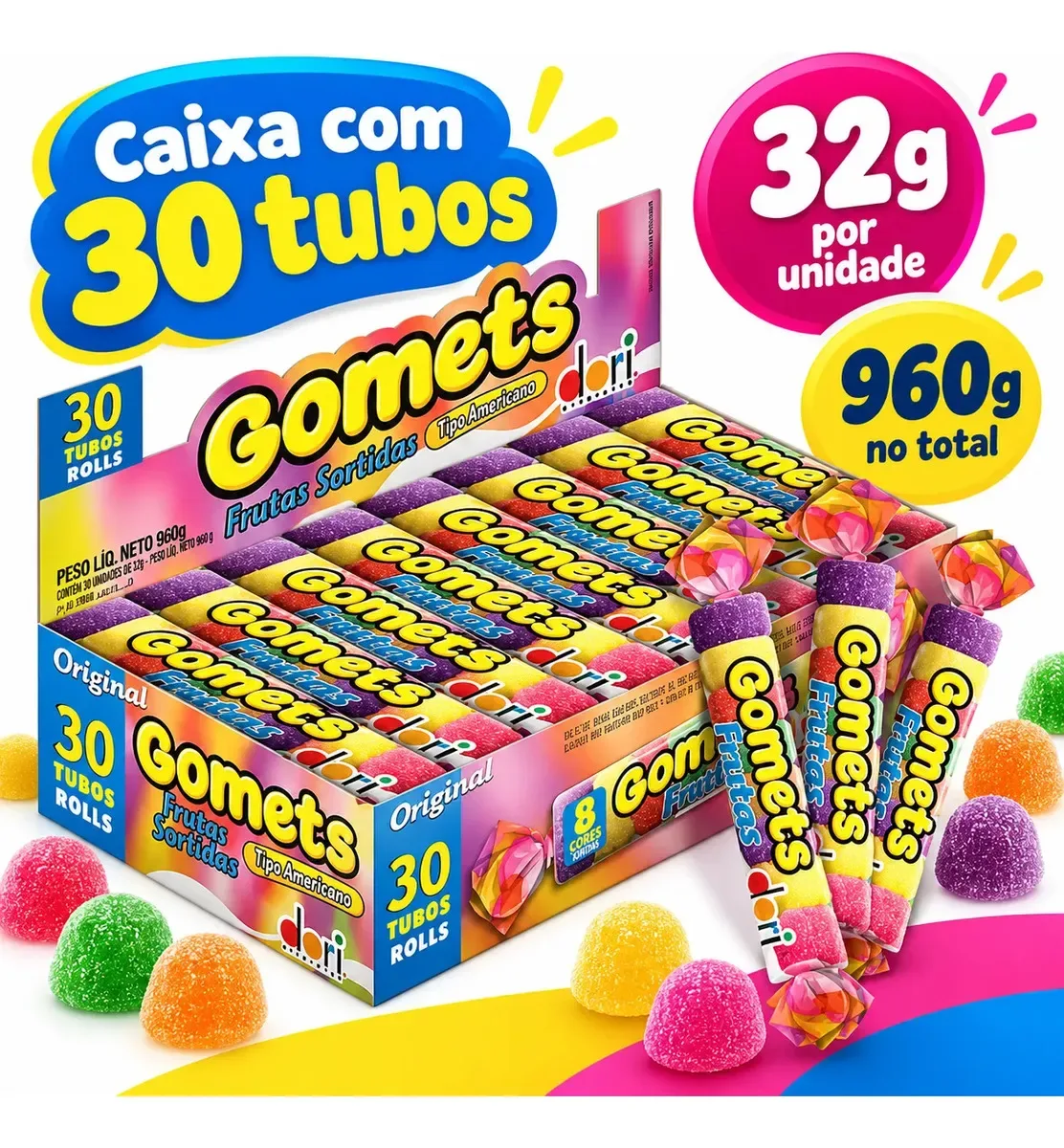 Goma de frutas Dori em caixa com 30 tubos
