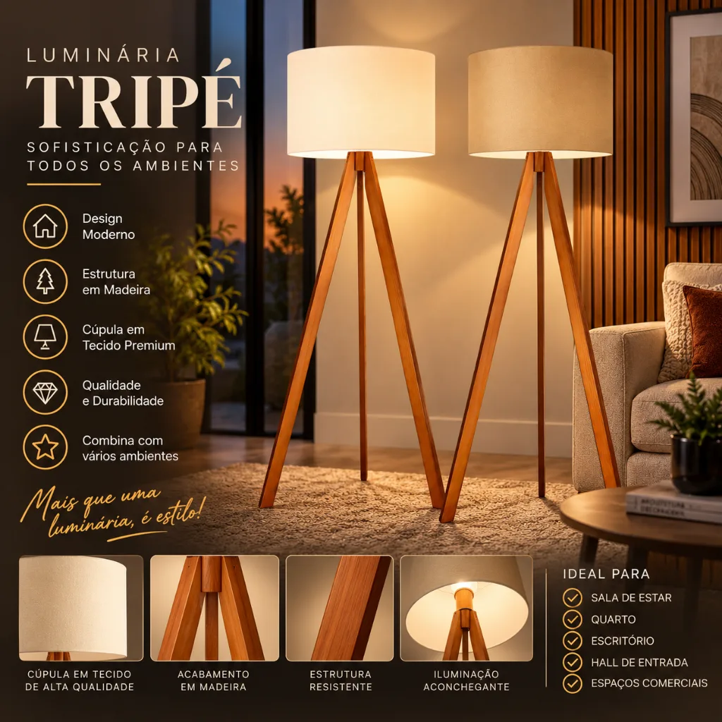 Abajur de piso com tripé e cúpula