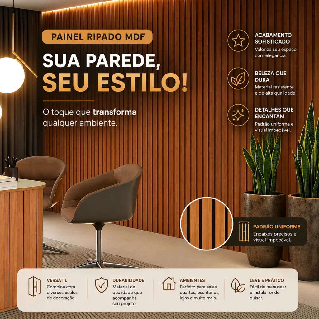 Kit de placas ripadas em MDF para parede 3D