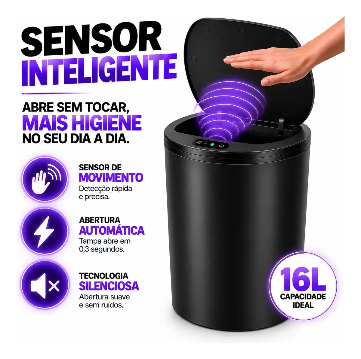 Lixeira automática redonda com sensor e recarga USB-C