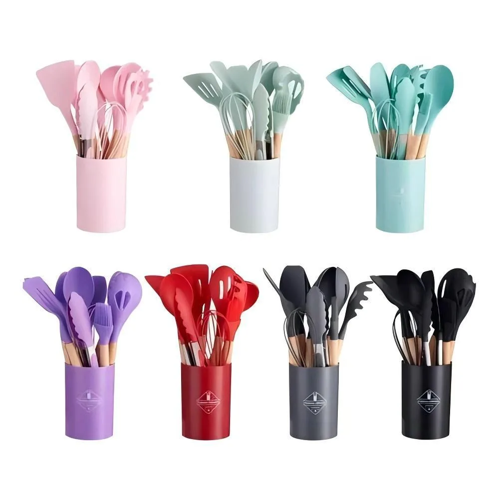 Kit de utensílios de cozinha em silicone e bambu