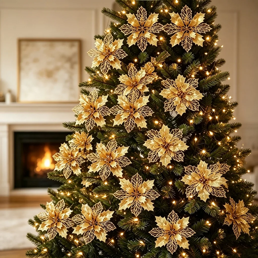 Kit com 10 enfeites florais com glitter para árvore de Natal