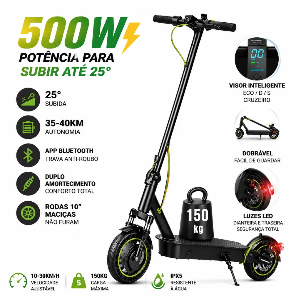 Patinete elétrico dobrável de 500 W com Bluetooth