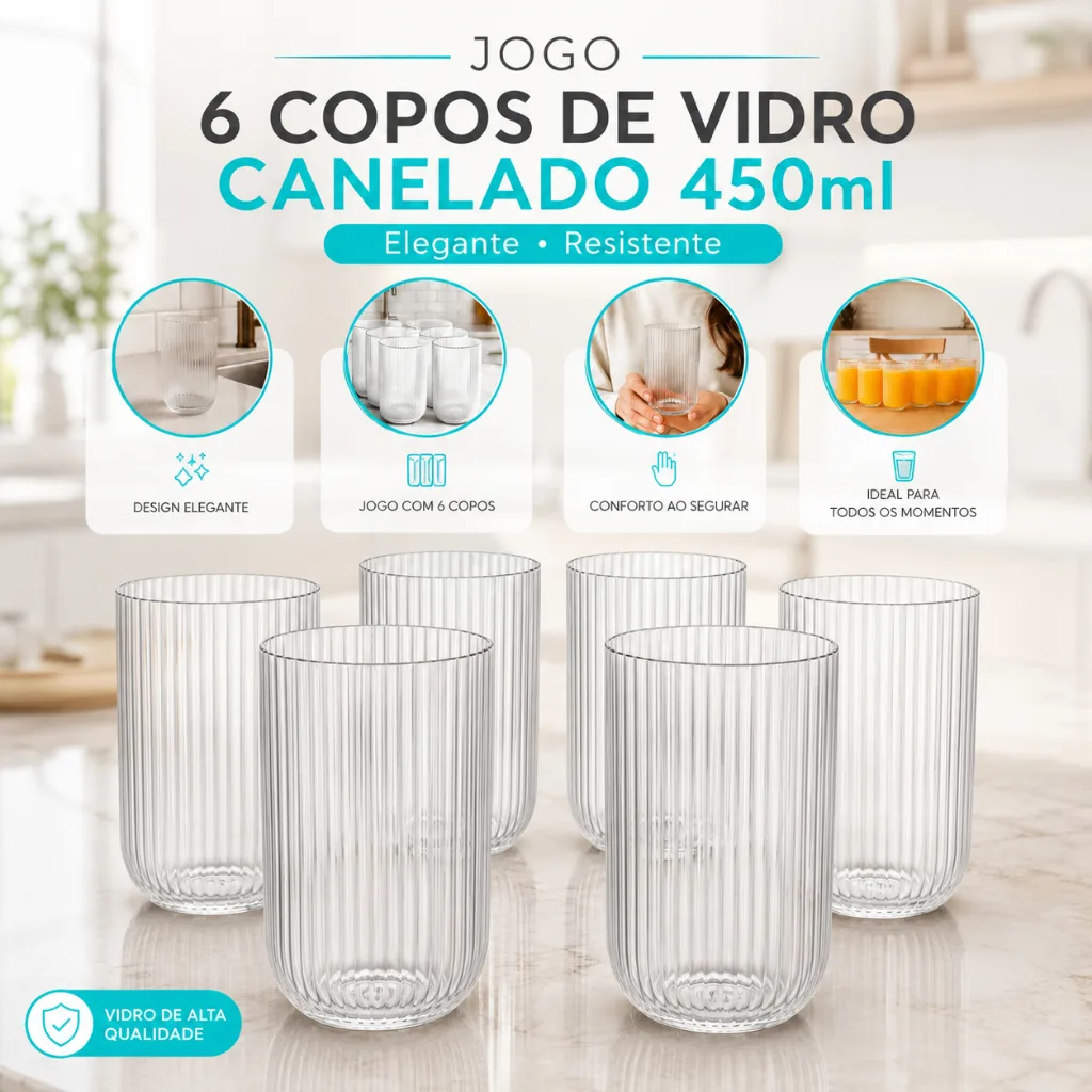 Jogo com 6 copos de vidro canelado