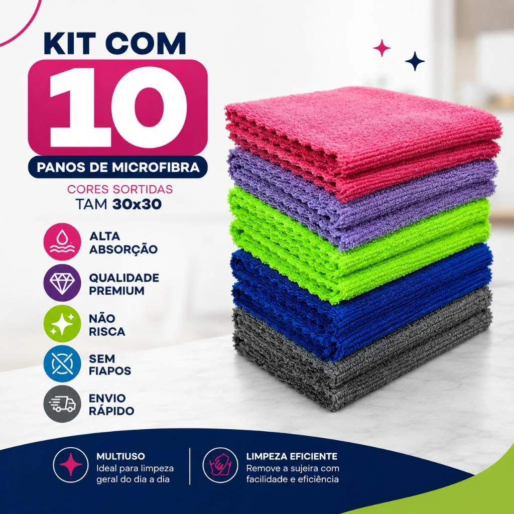 Kit com 10 panos de microfibra para limpeza