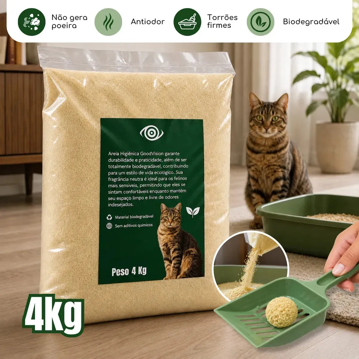 Areia higiênica GoodVision para gatos de mandioca e milho