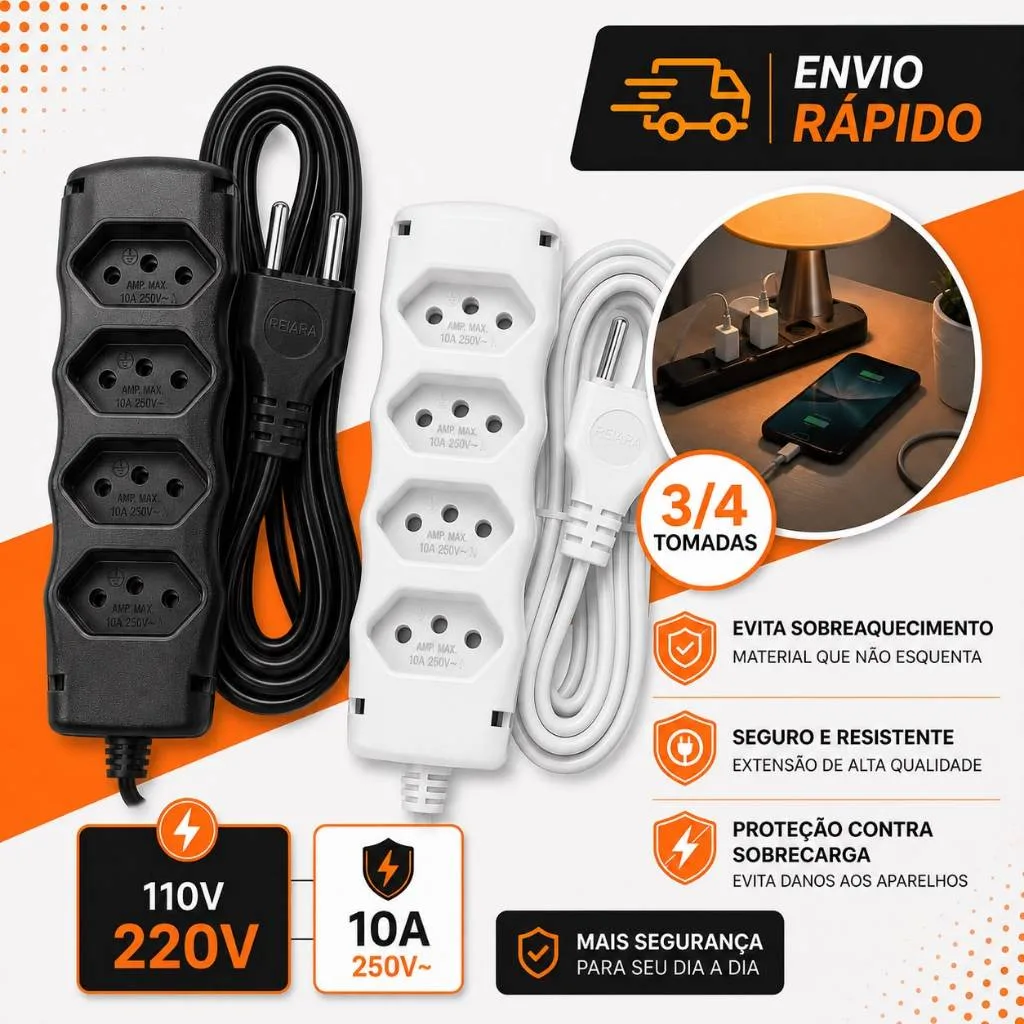 Extensão elétrica tripolar bivolt com cabo reforçado