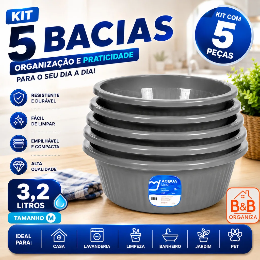 Kit com 5 bacias plásticas multiuso