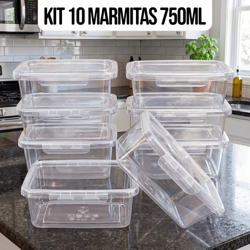 Kit 10 Marmitas Potes 750ml com Travas Laterais Herméticas - KAZIVA