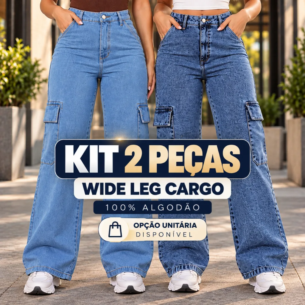 Kit com 2 calças jeans wide leg cargo
