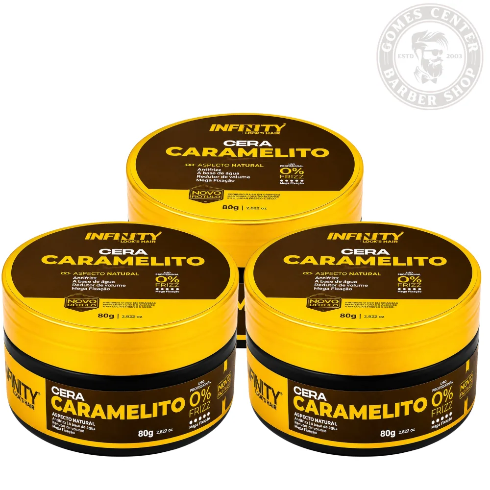 Kit 1x à 3x Pomadas Cera Caramelito 80g Infinity Classe A - Modela Alta Fixação Hidrata os Fios Fox