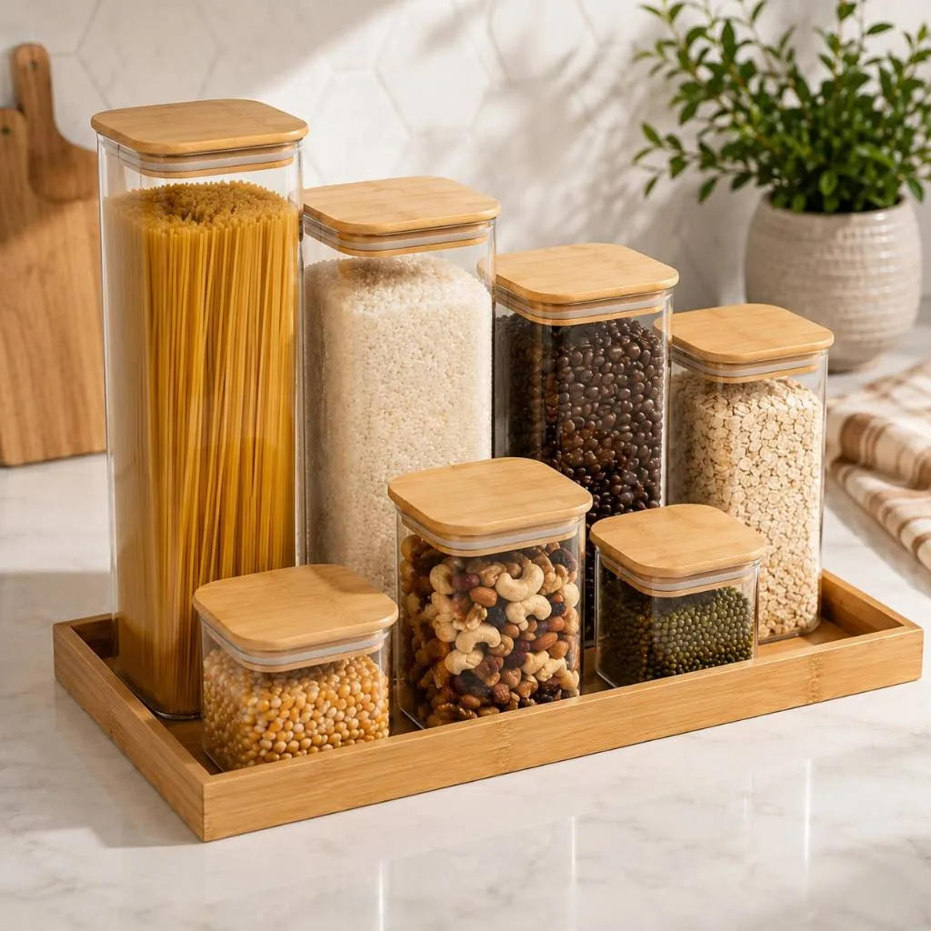 Kit Potes Quadrado Grande de Vidro com Tampa Bambu Grande Mantimentos