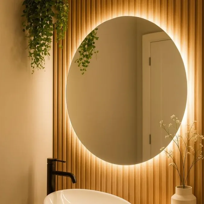 Espelho redondo lapidado com LED decorativo