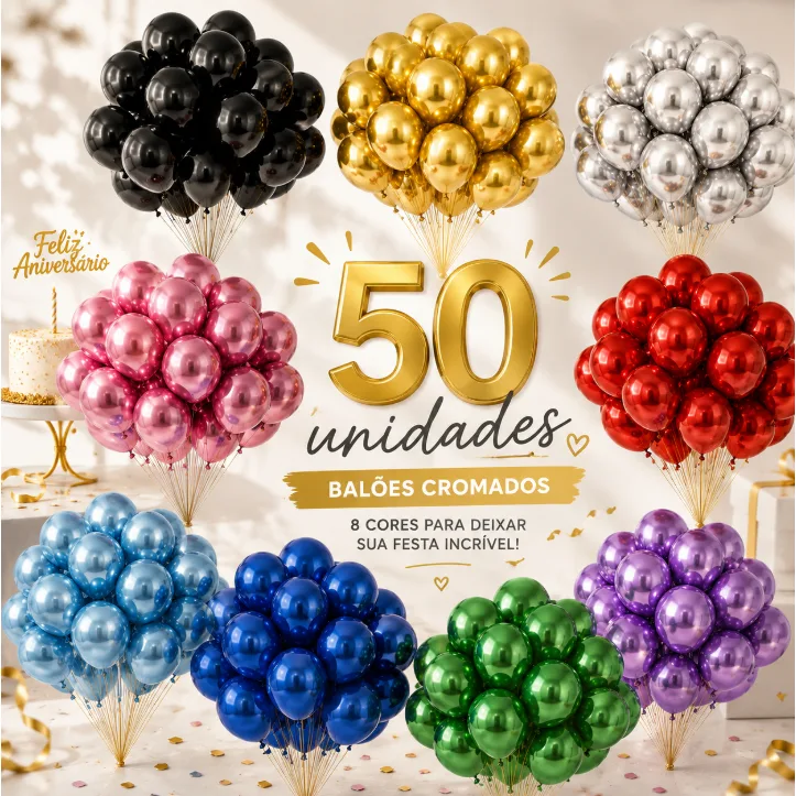 Kit com 50 balões metalizados cromados