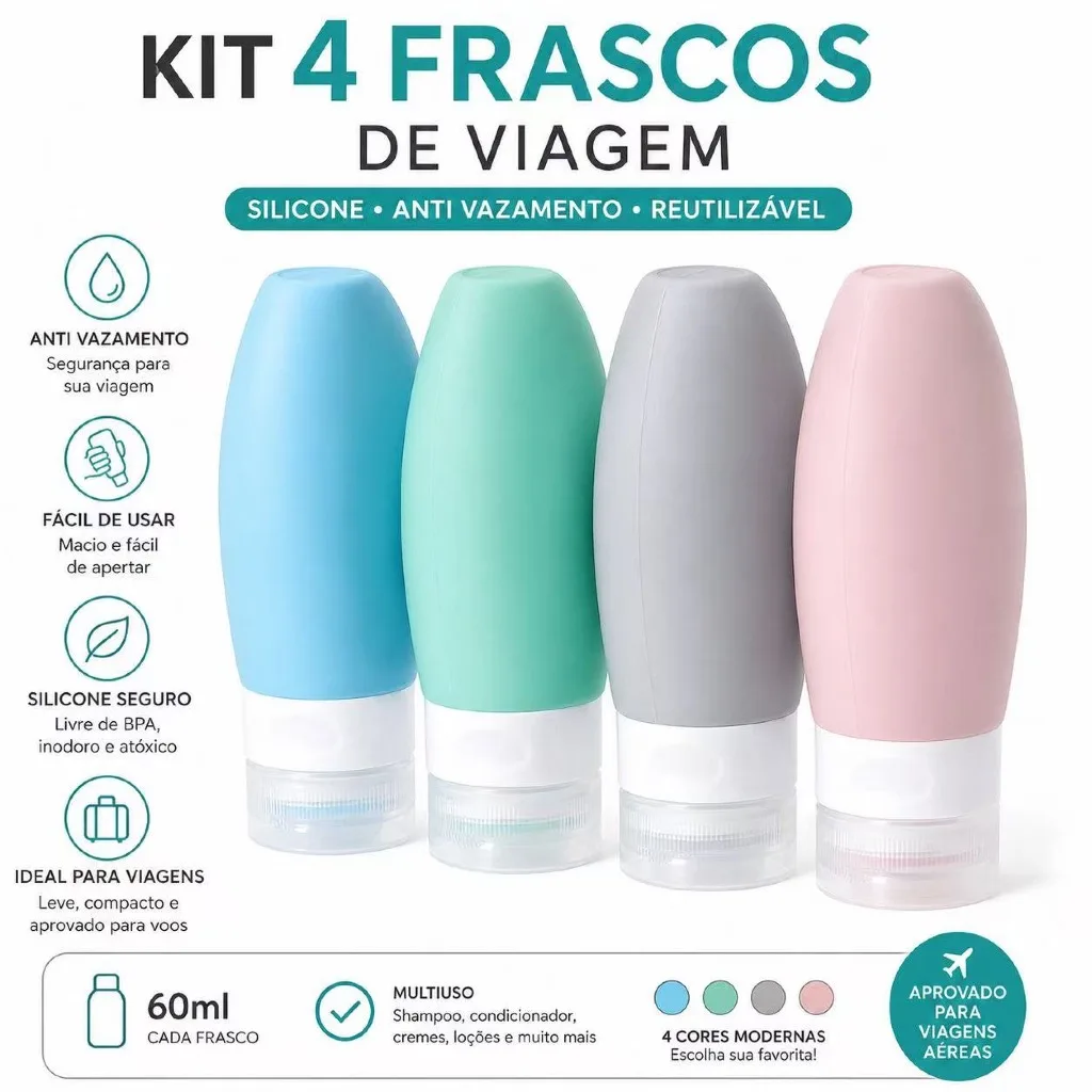 Kit com 4 frascos de silicone para viagem
