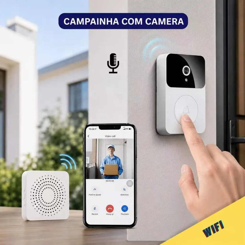 Campainha Com Câmera Vídeo Porteiro Sem Fio Wi-Fi HD Inteligente Smart Home Vê Pelo Celular