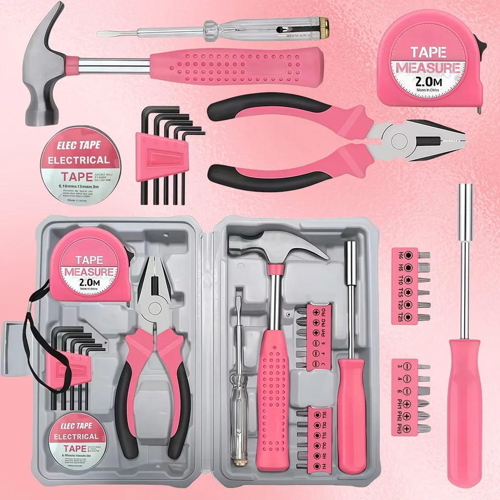 Kit de ferramentas rosa para reparos domésticos