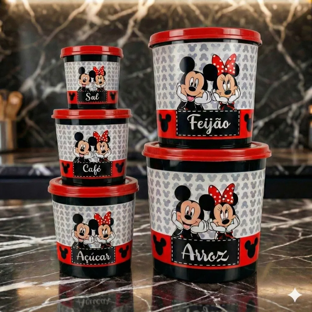 Kit com 5 potes para mantimentos Mickey e Minnie