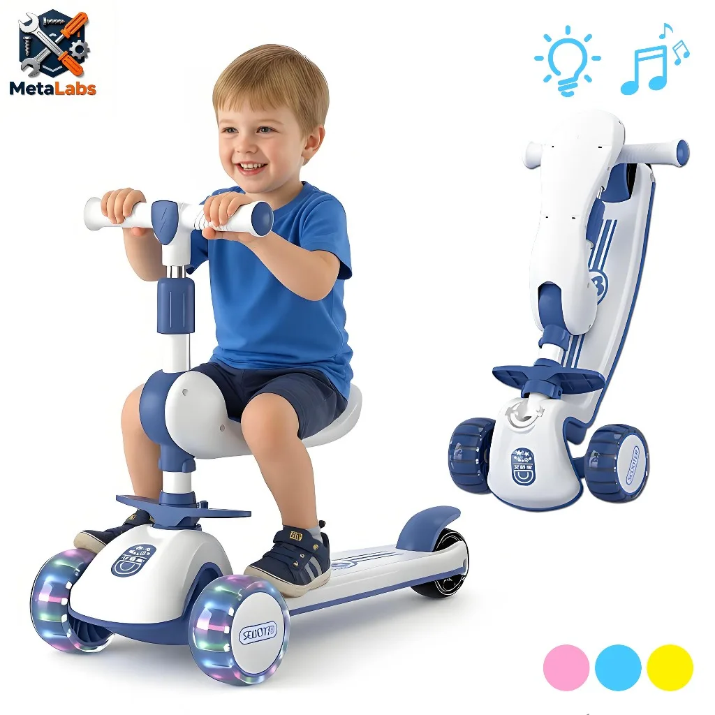 Patinete infantil dobrável com assento e luzes LED