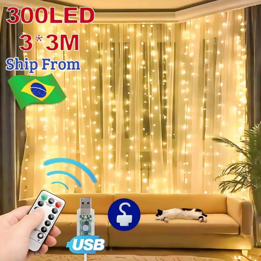 Cortina de luz com 300 LEDs para decoração