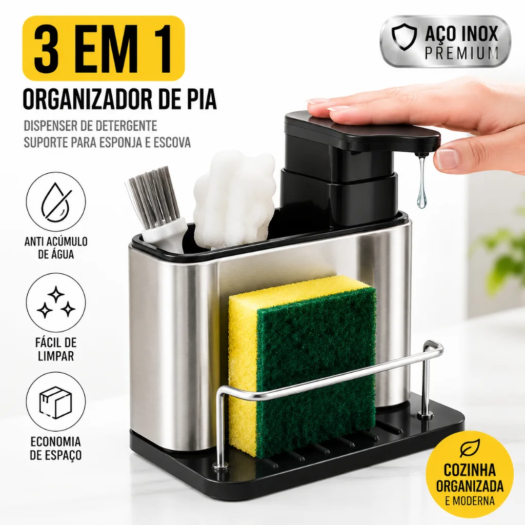 Organizador de pia em aço inox com dispenser