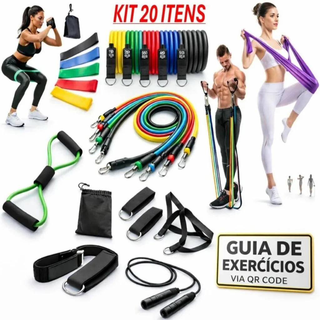 Kit 20 Itens Treino em Casa: Elásticos Extensor + Mini Band + Thera Band + Corda de Pular + Guia de Exercícios Exclusivo