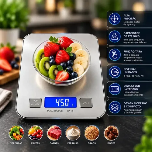 Balança de cozinha digital inox de 10 kg