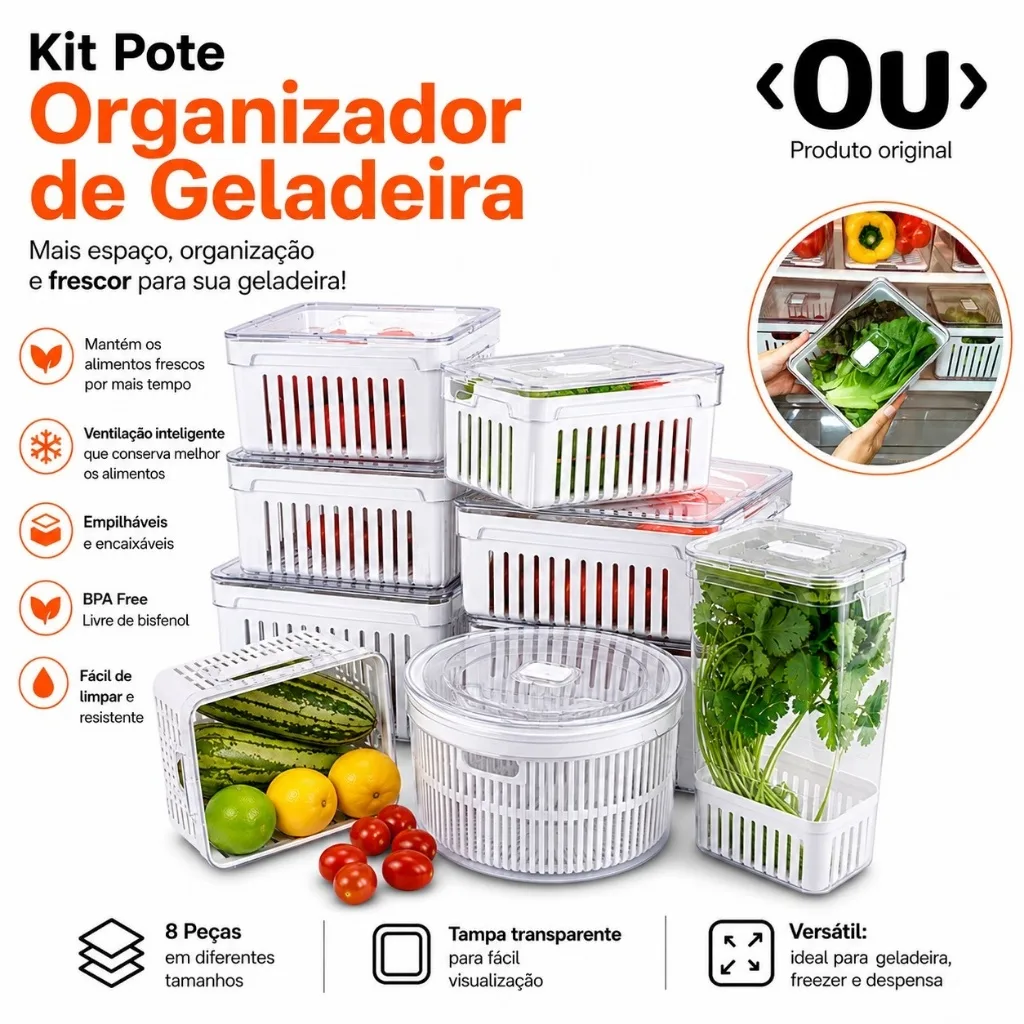 Pote organizador de geladeira com escorredor