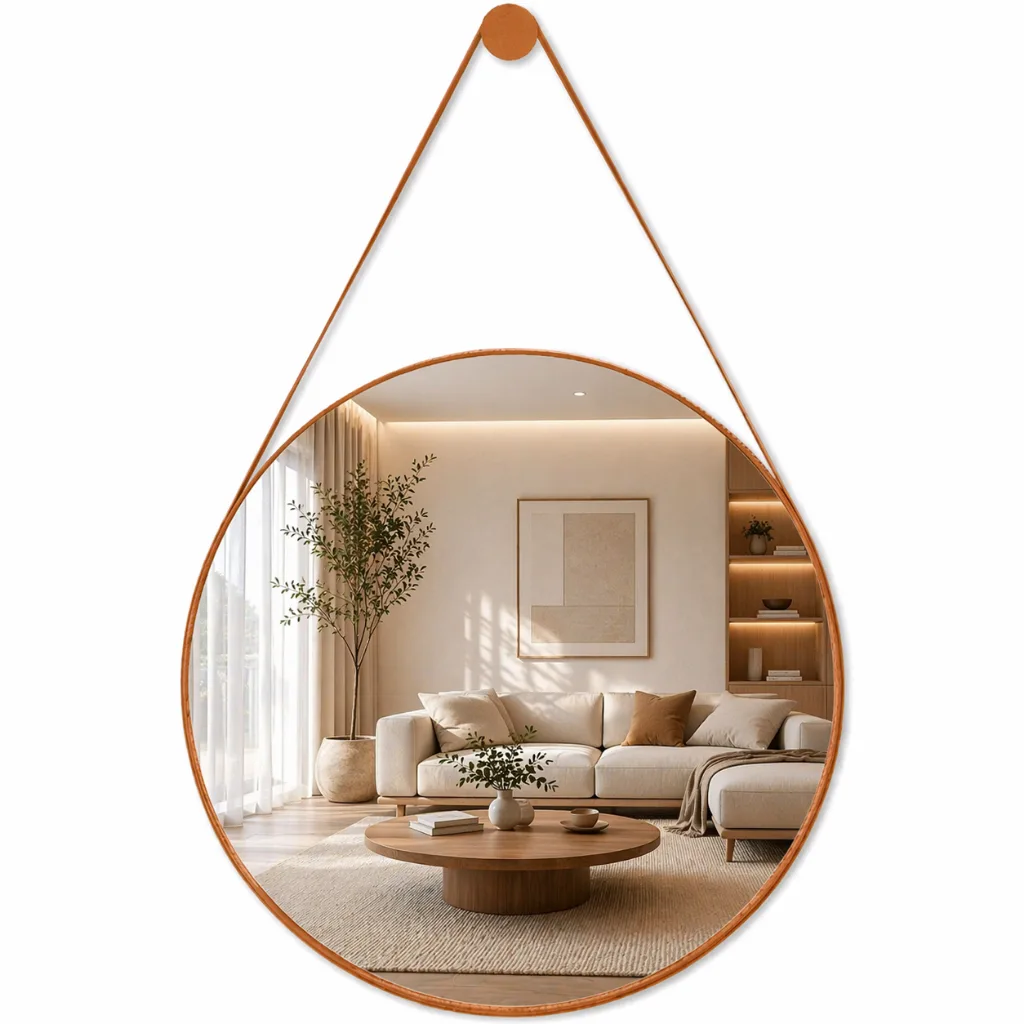 Espelho redondo decorativo com alça de couro